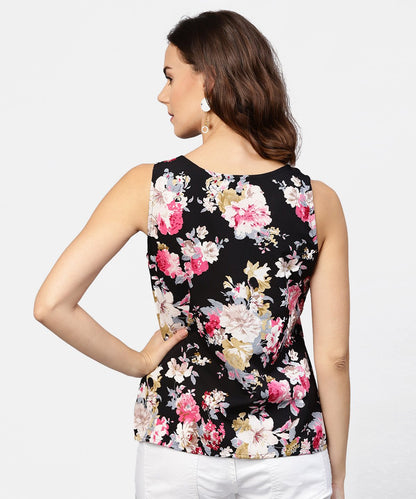 Black Printed Cutways Sleeveless Crepe Tops | LASVINI - Redefining Indian Fashion with Elegance