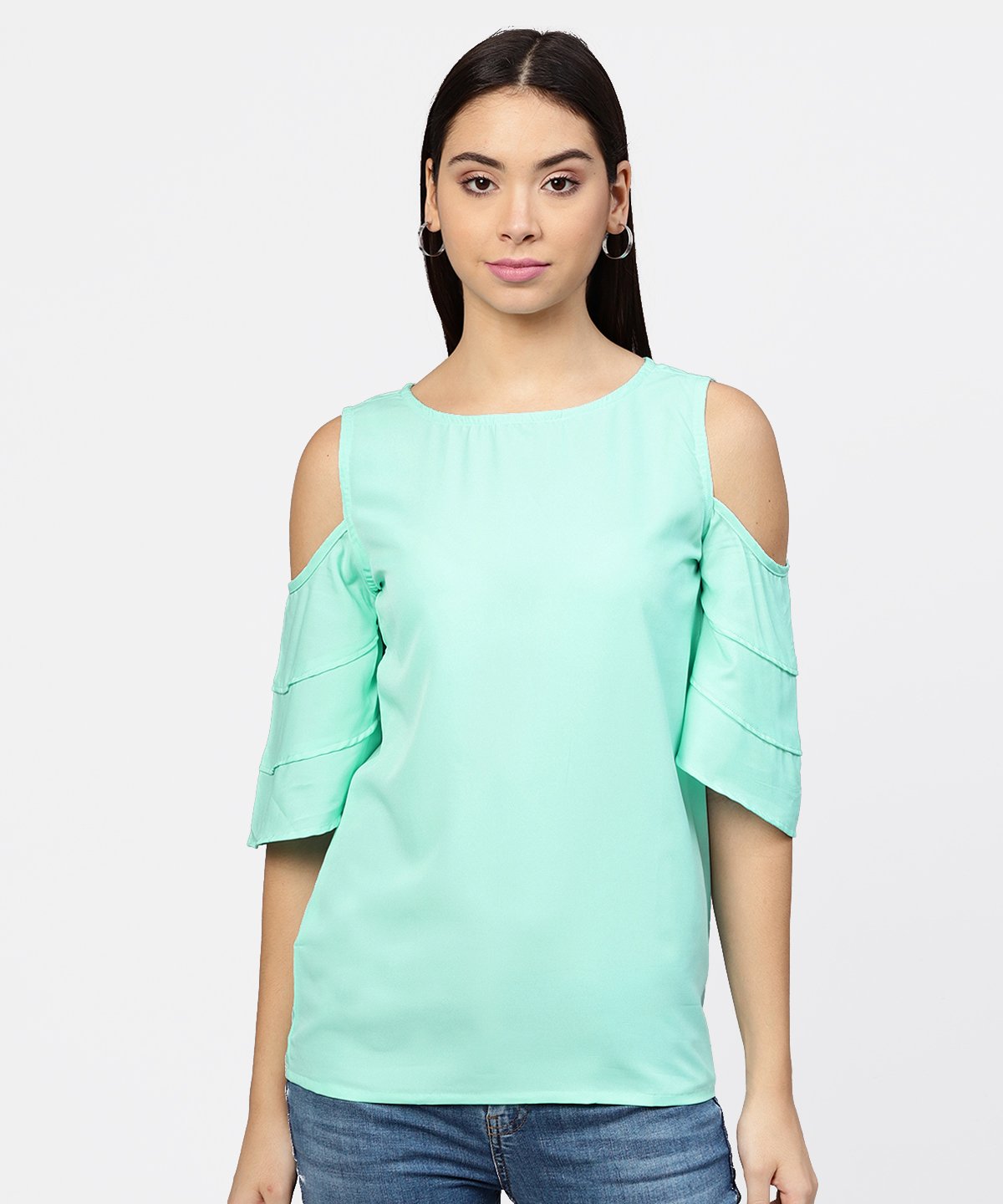Sea Green Cold Shoulder Layered Sleeve Crepe Top | LASVINI - Redefining Indian Fashion with Elegance