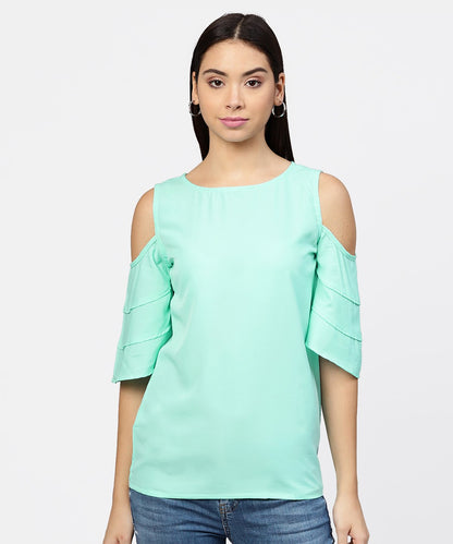 Sea Green Cold Shoulder Layered Sleeve Crepe Top | LASVINI - Redefining Indian Fashion with Elegance
