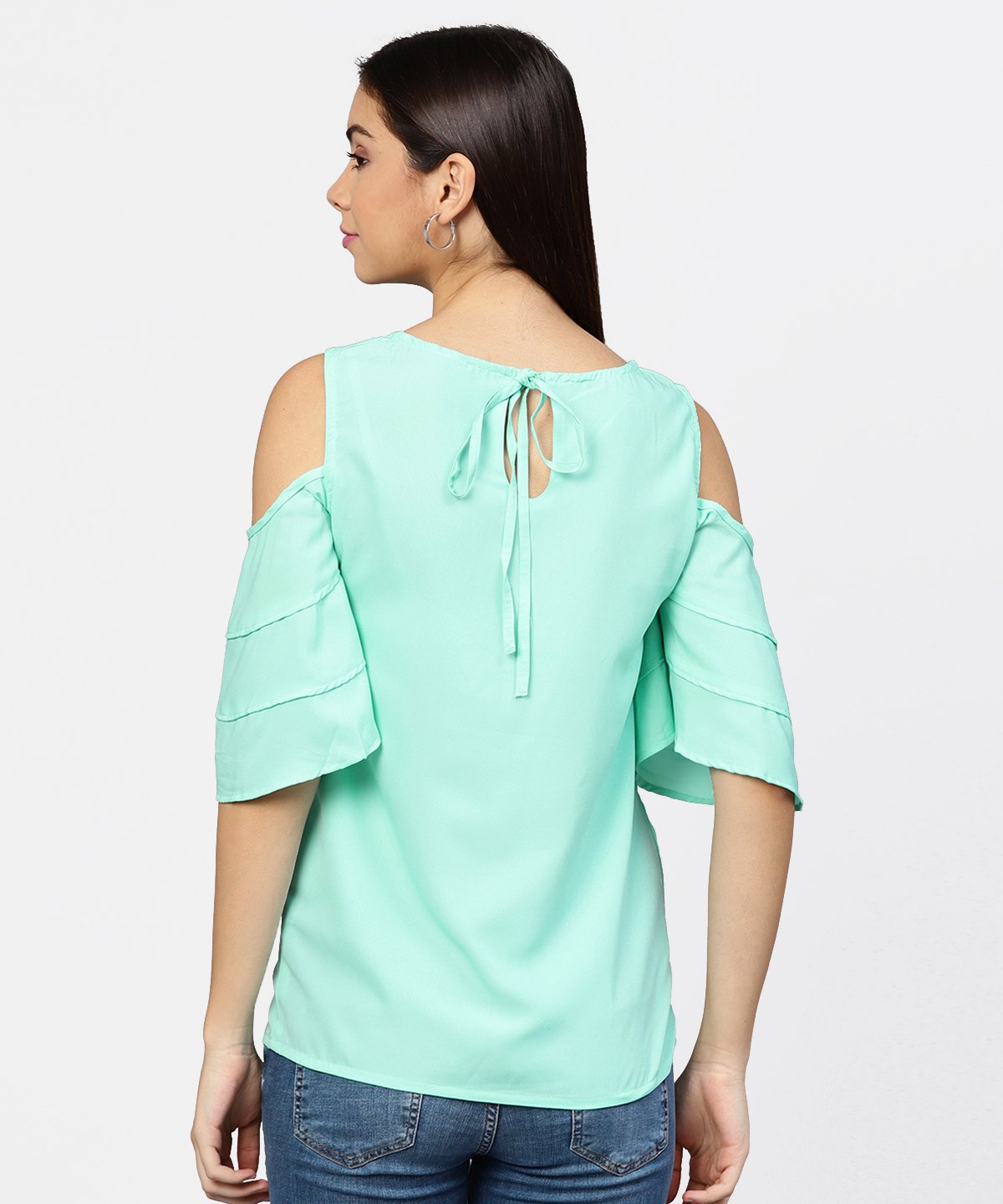Sea Green Cold Shoulder Layered Sleeve Crepe Top | LASVINI - Redefining Indian Fashion with Elegance