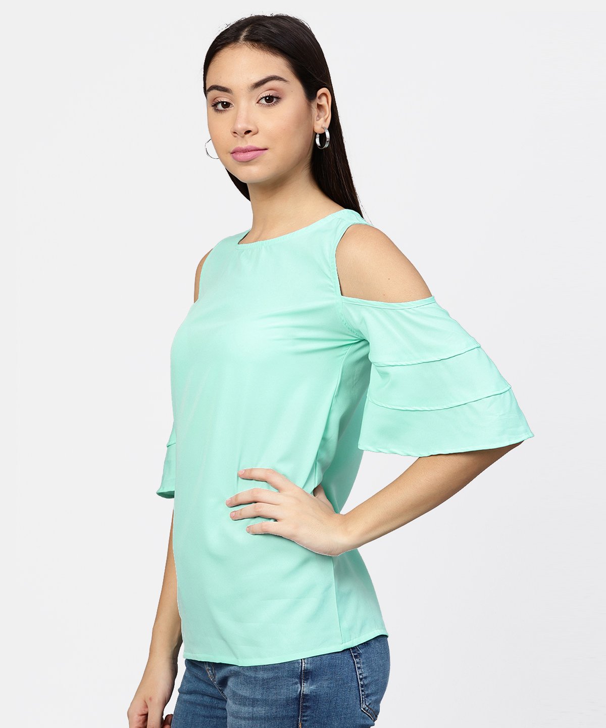 Sea Green Cold Shoulder Layered Sleeve Crepe Top | LASVINI - Redefining Indian Fashion with Elegance