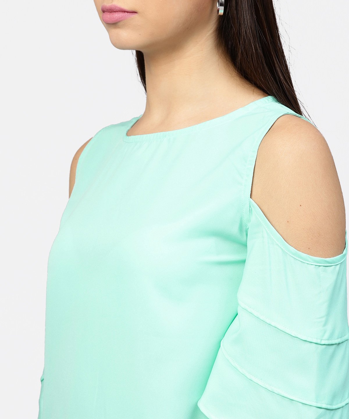 Sea Green Cold Shoulder Layered Sleeve Crepe Top | LASVINI - Redefining Indian Fashion with Elegance