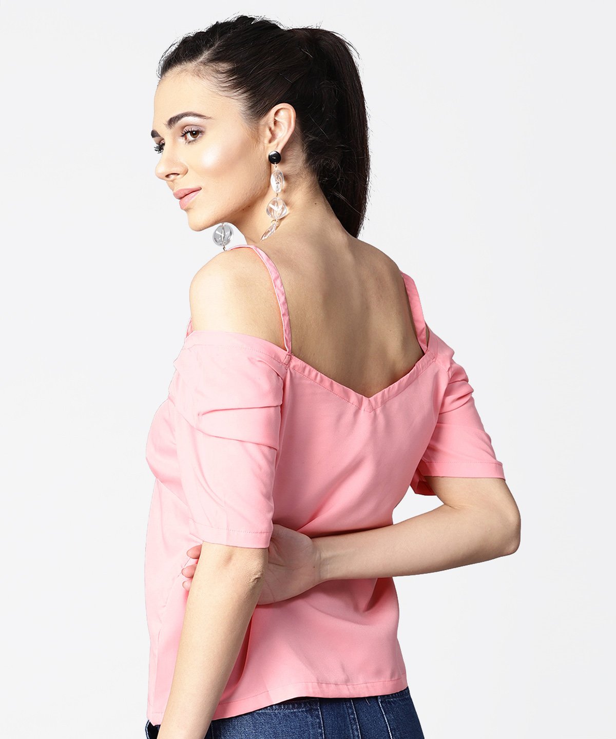 Solid Half Cold Shoulder Sleeve Crepe Top | LASVINI - Redefining Indian Fashion with Elegance