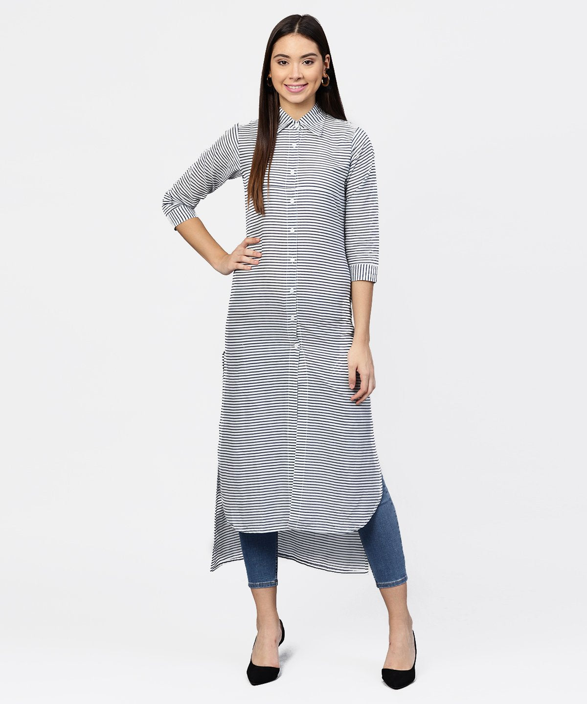 Blue Striped 3/4Th Sleeve Cotton Tunic | LASVINI - Redefining Indian Fashion with Elegance