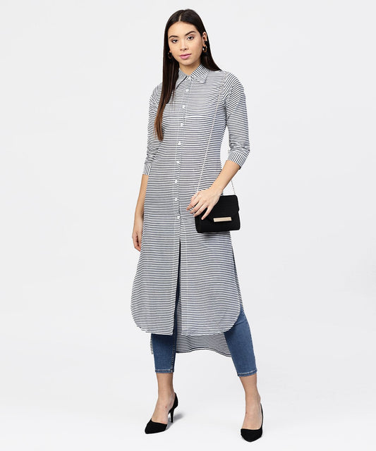 Blue Striped 3/4Th Sleeve Cotton Tunic | LASVINI - Redefining Indian Fashion with Elegance
