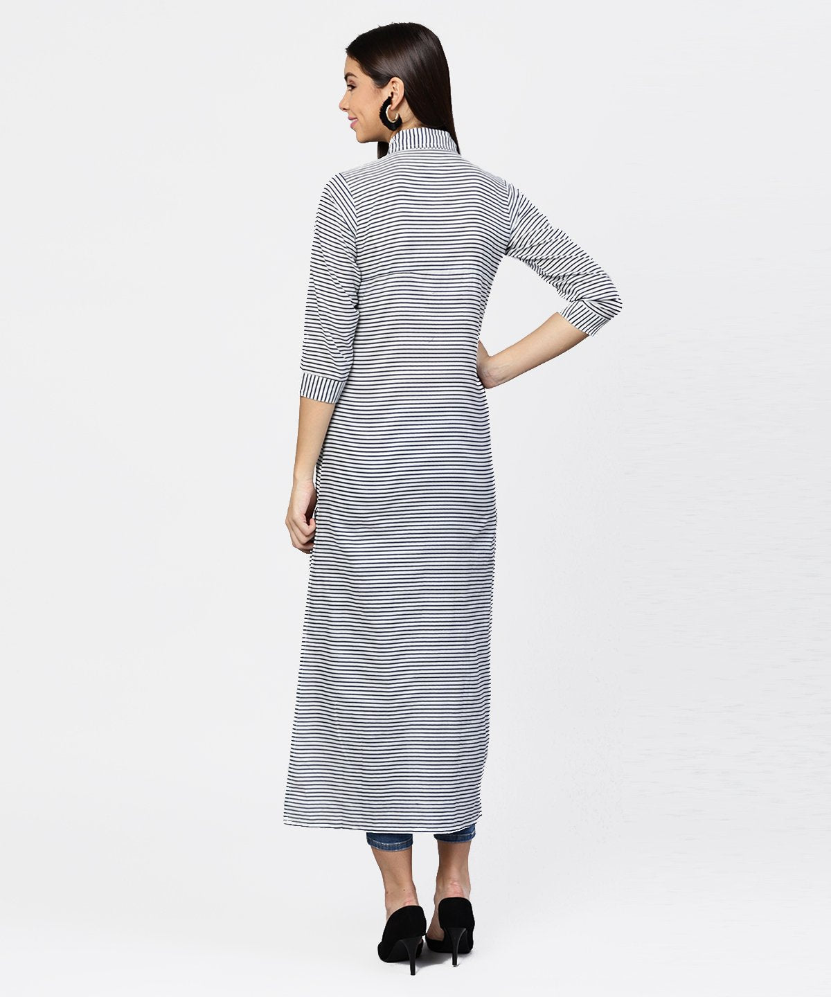 Blue Striped 3/4Th Sleeve Cotton Tunic | LASVINI - Redefining Indian Fashion with Elegance