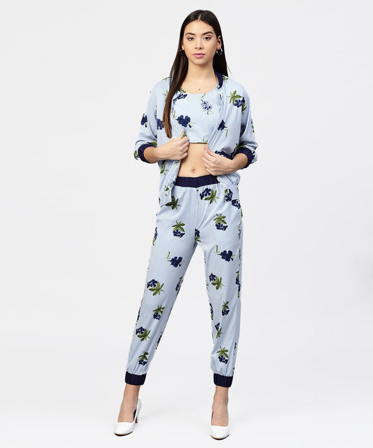 Blue Striped Crop Top With Full Sleeve Open Jacket & Printed Mid-Rise Joggers With 2 Pockets | LASVINI - Redefining Indian Fashion with Elegance