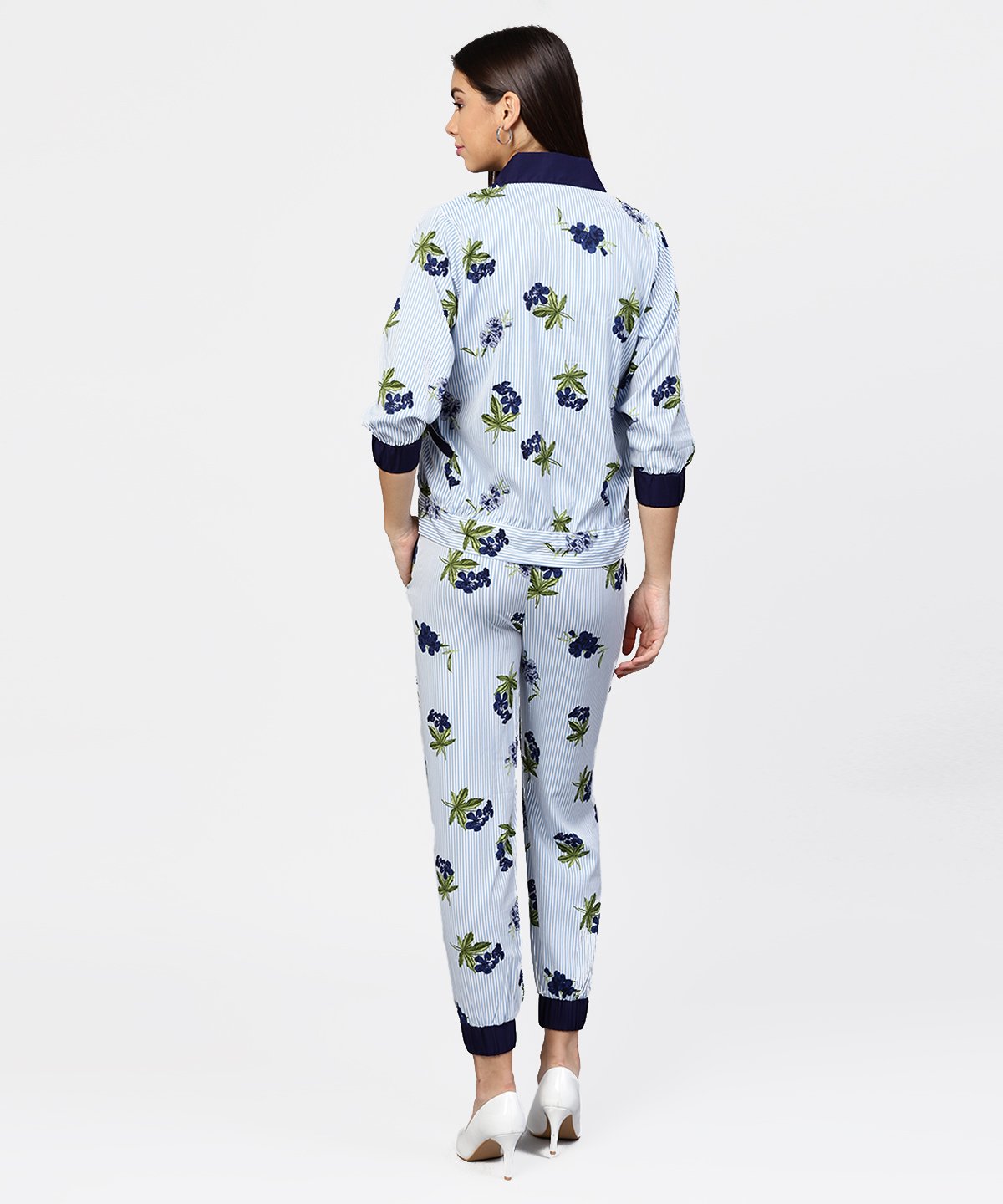 Blue Striped Crop Top With Full Sleeve Open Jacket & Printed Mid-Rise Joggers With 2 Pockets | LASVINI - Redefining Indian Fashion with Elegance