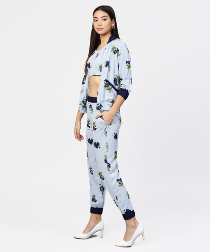 Blue Striped Crop Top With Full Sleeve Open Jacket & Printed Mid-Rise Joggers With 2 Pockets | LASVINI - Redefining Indian Fashion with Elegance
