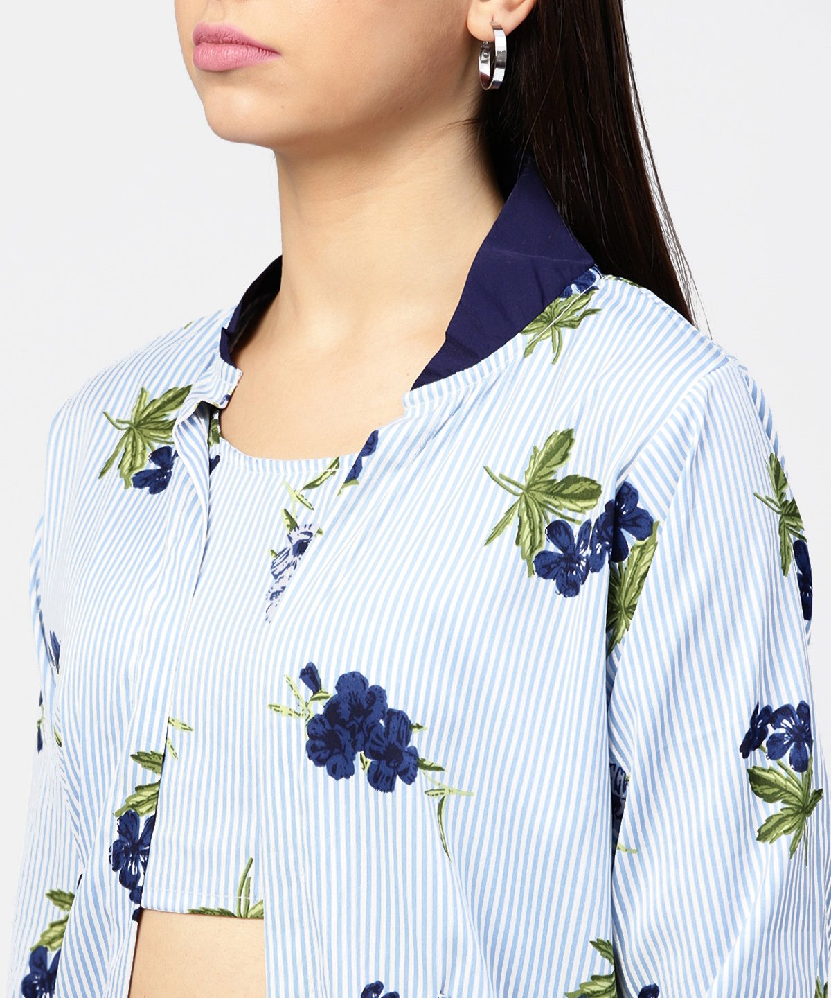 Blue Striped Crop Top With Full Sleeve Open Jacket & Printed Mid-Rise Joggers With 2 Pockets | LASVINI - Redefining Indian Fashion with Elegance