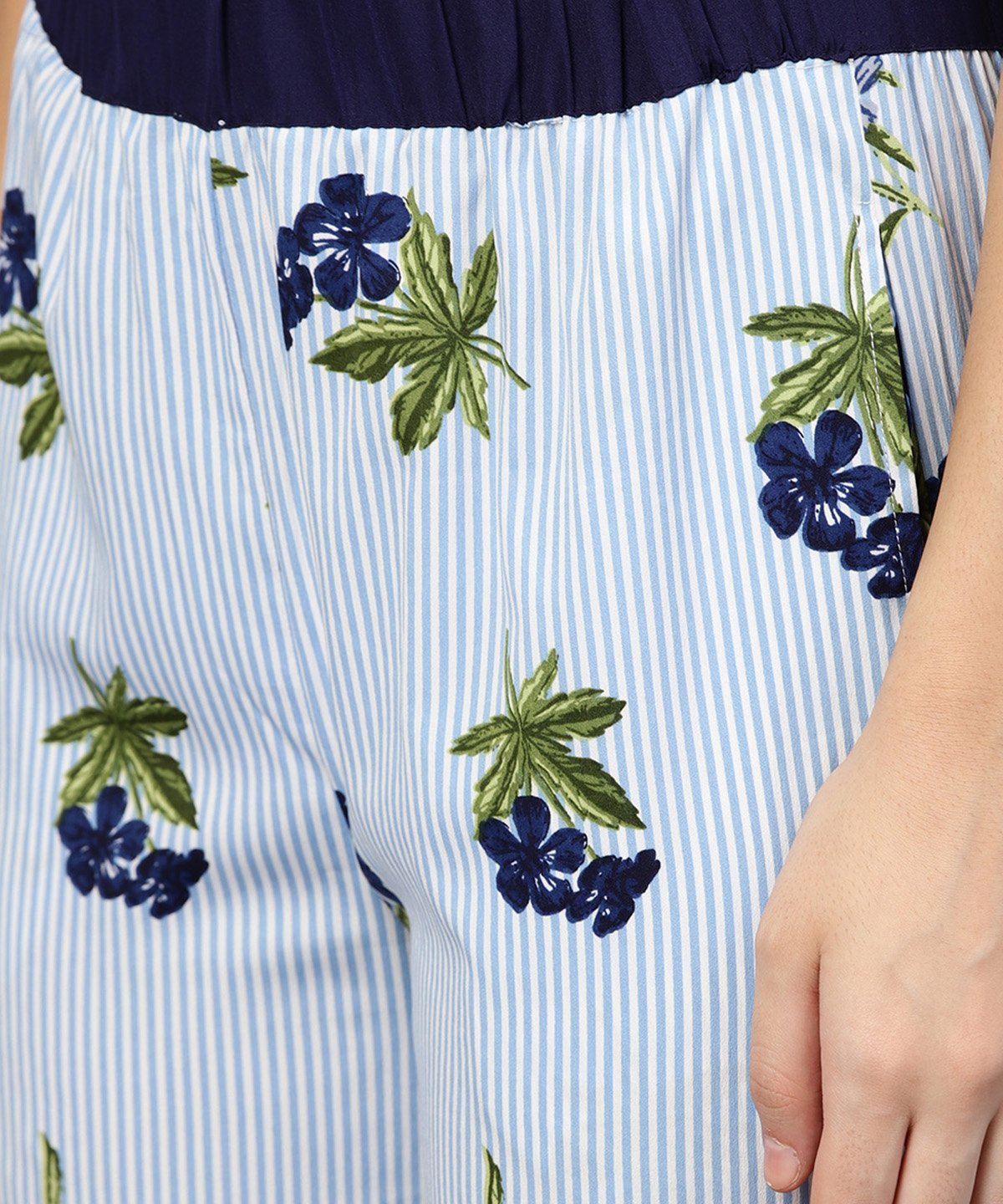 Blue Striped Crop Top With Full Sleeve Open Jacket & Printed Mid-Rise Joggers With 2 Pockets | LASVINI - Redefining Indian Fashion with Elegance