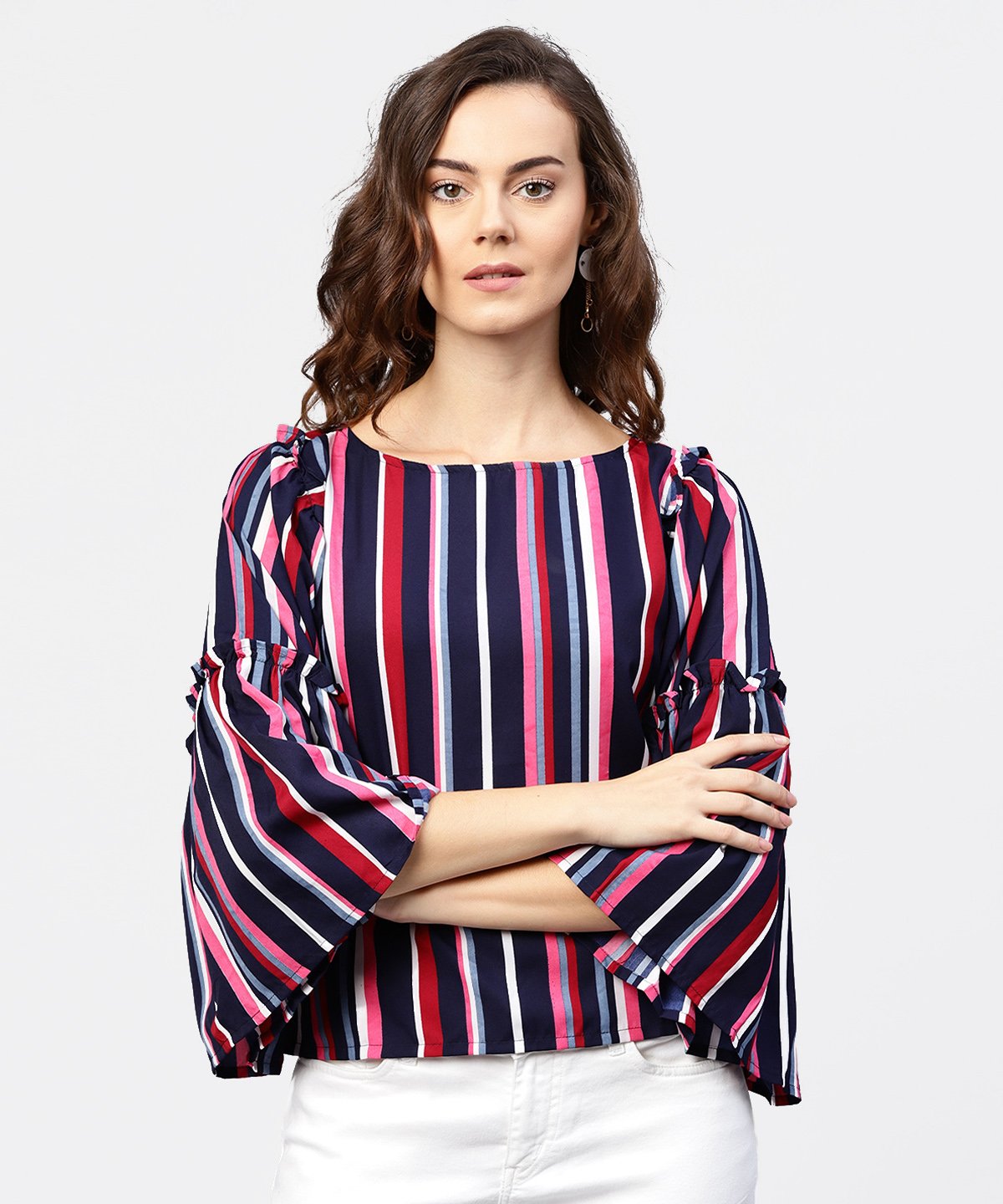 Striped Multi Printed Flared Sleeves Crepe Top | LASVINI - Redefining Indian Fashion with Elegance