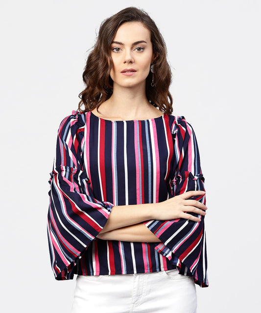 Striped Multi Printed Flared Sleeves Crepe Top | LASVINI - Redefining Indian Fashion with Elegance