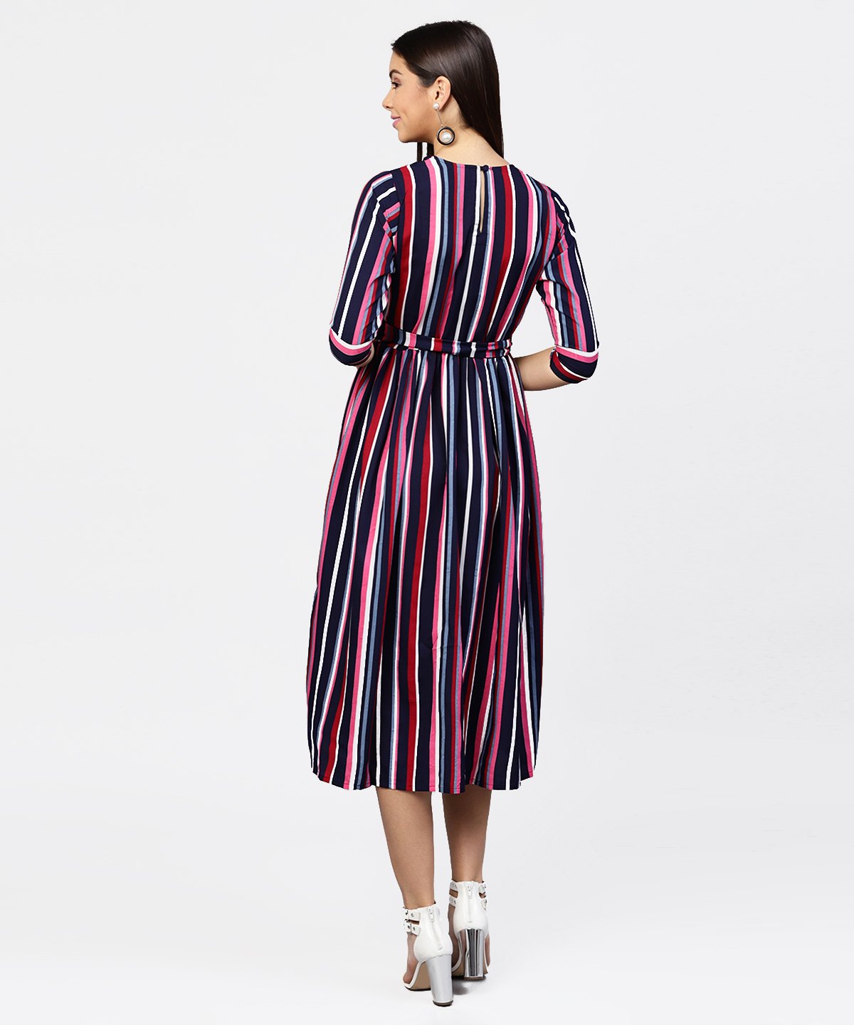 Striped Printed 3/4Th Sleeve Choker Neckline Full Length Dress With Belt | LASVINI - Redefining Indian Fashion with Elegance