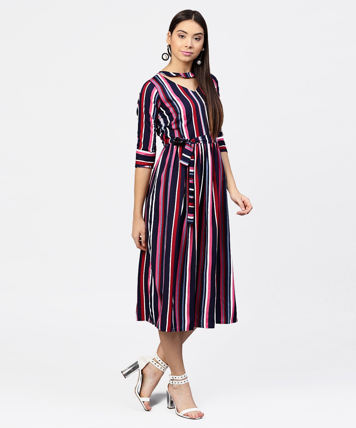 Striped Printed 3/4Th Sleeve Choker Neckline Full Length Dress With Belt | LASVINI - Redefining Indian Fashion with Elegance