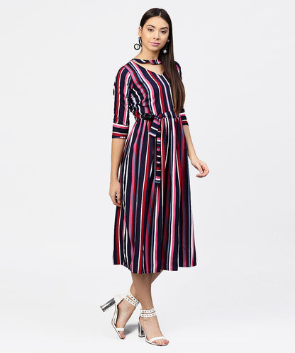 Striped Printed 3/4Th Sleeve Choker Neckline Full Length Dress With Belt | LASVINI - Redefining Indian Fashion with Elegance