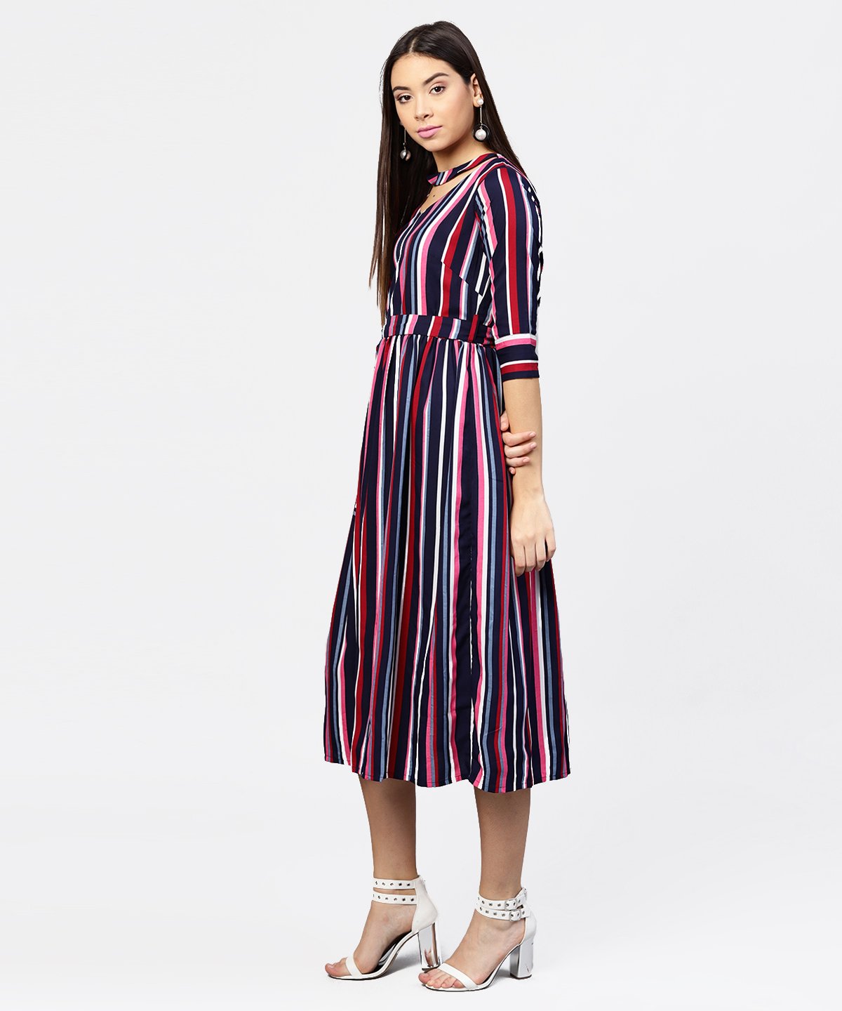 Striped Printed 3/4Th Sleeve Choker Neckline Full Length Dress With Belt | LASVINI - Redefining Indian Fashion with Elegance