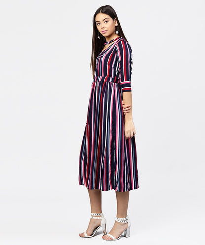 Striped Printed 3/4Th Sleeve Choker Neckline Full Length Dress With Belt | LASVINI - Redefining Indian Fashion with Elegance