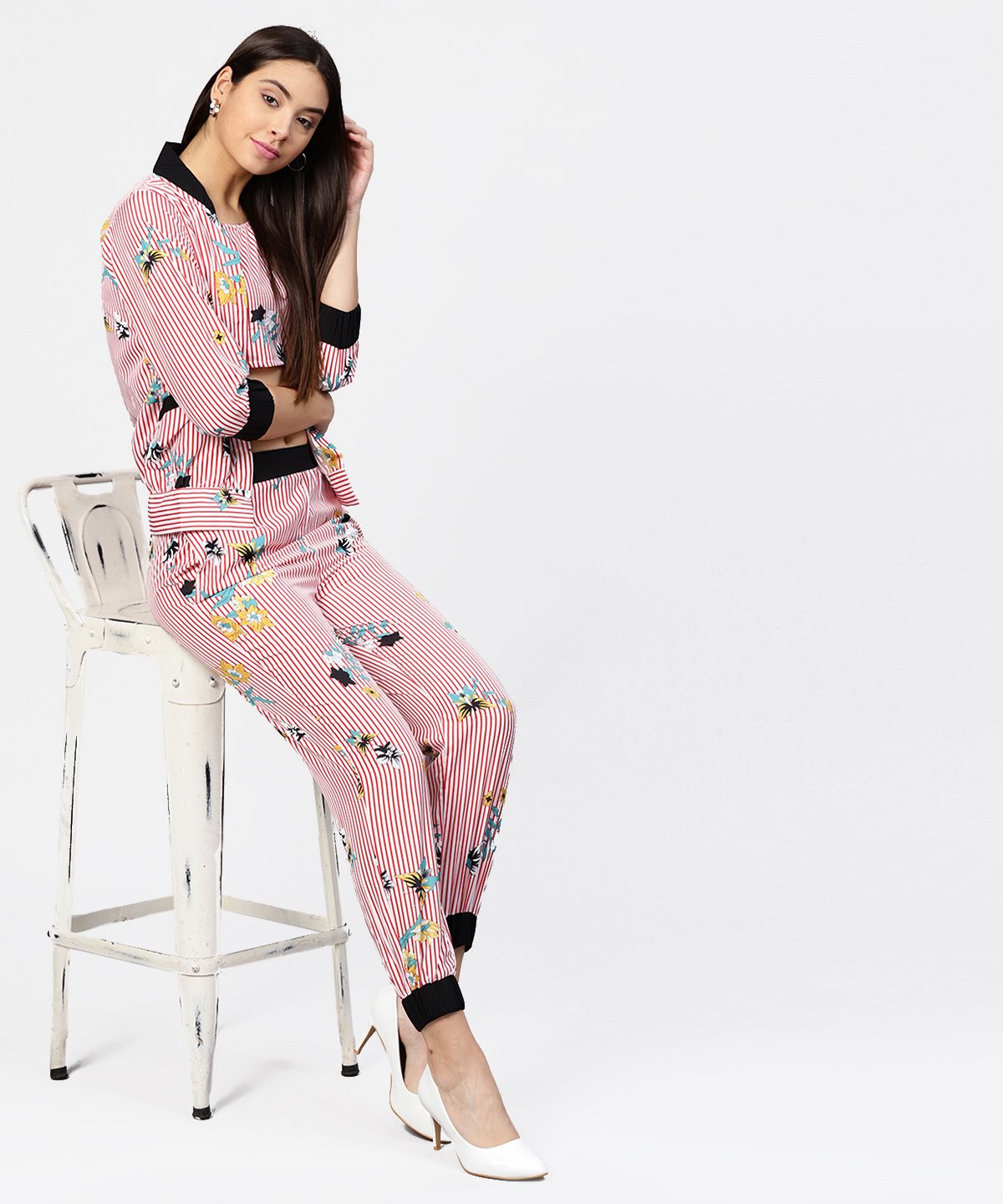 Pink Striped Crop Top With Full Sleeve Open Jacket & Printed Mid-Rise Joggers With 2 Pockets | LASVINI - Redefining Indian Fashion with Elegance