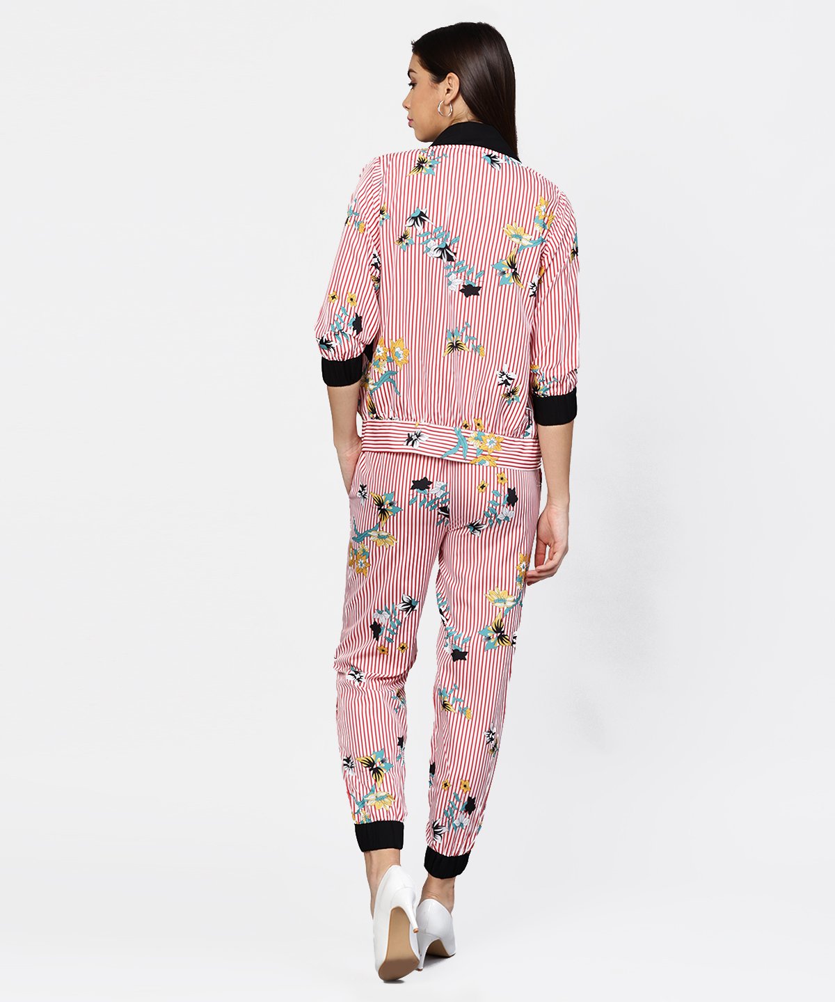 Pink Striped Crop Top With Full Sleeve Open Jacket & Printed Mid-Rise Joggers With 2 Pockets | LASVINI - Redefining Indian Fashion with Elegance