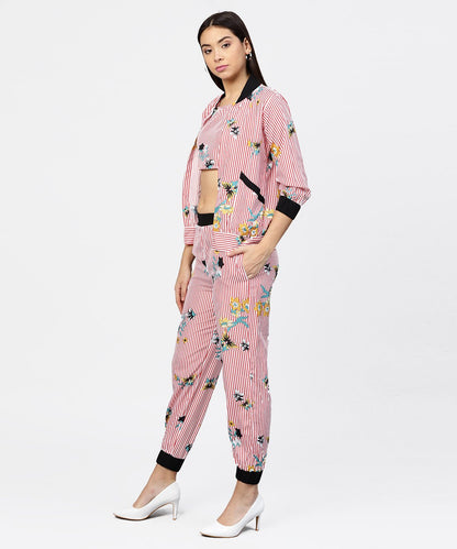 Pink Striped Crop Top With Full Sleeve Open Jacket & Printed Mid-Rise Joggers With 2 Pockets | LASVINI - Redefining Indian Fashion with Elegance