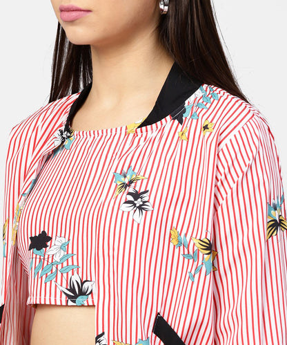 Pink Striped Crop Top With Full Sleeve Open Jacket & Printed Mid-Rise Joggers With 2 Pockets | LASVINI - Redefining Indian Fashion with Elegance