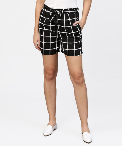 Black Check High Waisted Short With Attached Belt & One Side Pocket | LASVINI - Redefining Indian Fashion with Elegance
