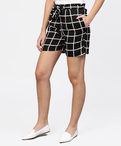 Black Check High Waisted Short With Attached Belt & One Side Pocket | LASVINI - Redefining Indian Fashion with Elegance