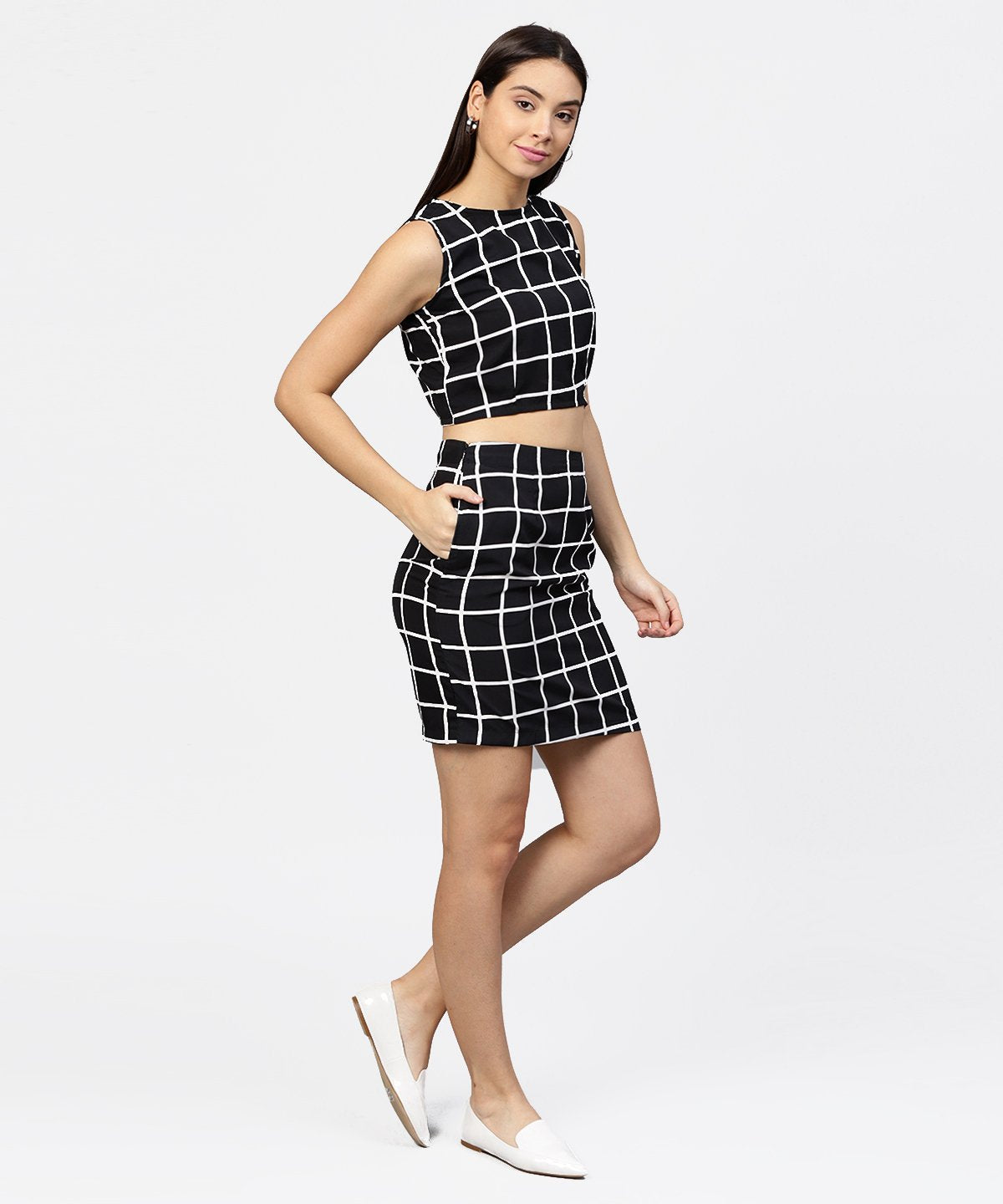 Black Check Boat Neck Crop Top With High Waisted Skirt | LASVINI - Redefining Indian Fashion with Elegance