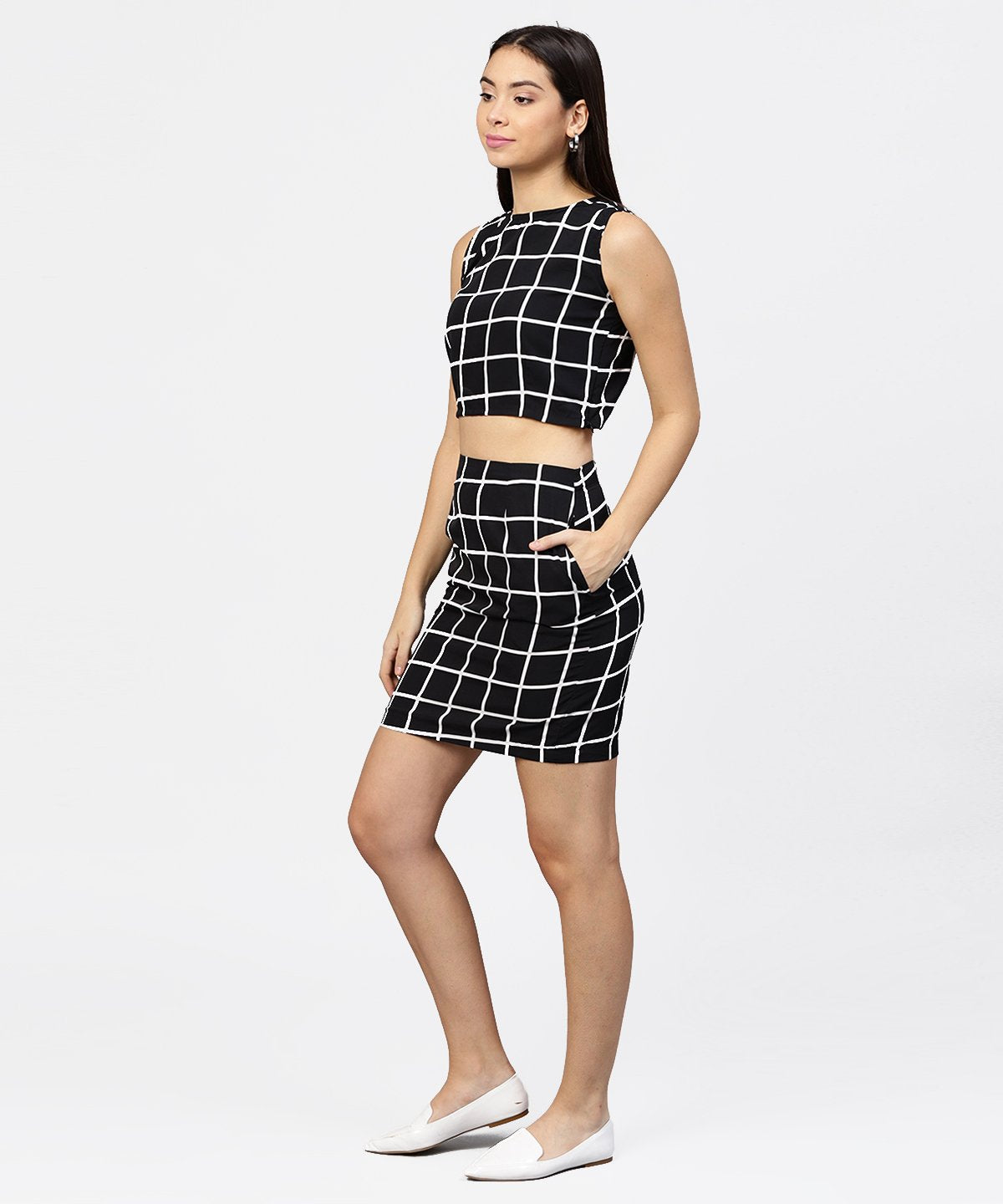 Black Check Boat Neck Crop Top With High Waisted Skirt | LASVINI - Redefining Indian Fashion with Elegance