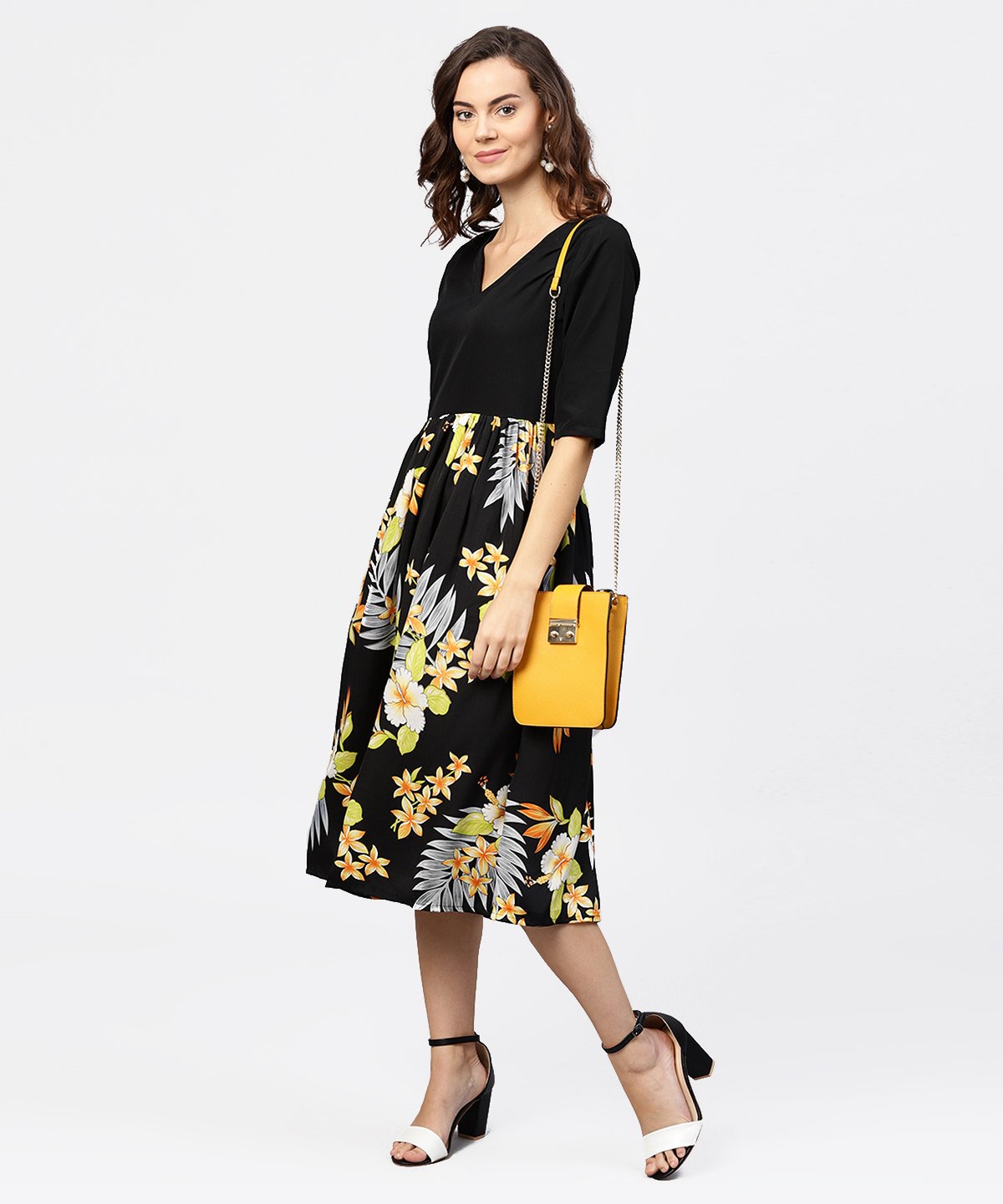 Black Printed 3/4Th Sleeve V-Neck Dress | LASVINI - Redefining Indian Fashion with Elegance