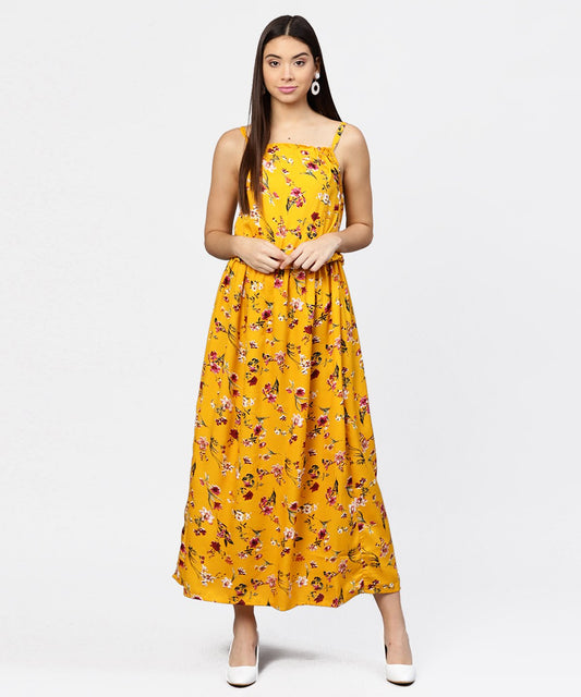 Yellow Printed Shoulder Strapped With A Gather Neckline Maxi Dress | LASVINI - Redefining Indian Fashion with Elegance