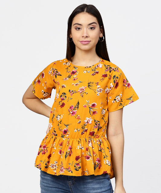 Yellow Printed Short Sleeve With A Gathered Peplum Style Top | LASVINI - Redefining Indian Fashion with Elegance