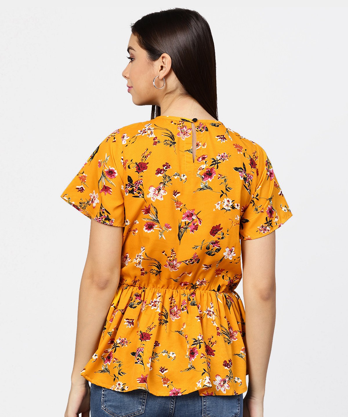 Yellow Printed Short Sleeve With A Gathered Peplum Style Top | LASVINI - Redefining Indian Fashion with Elegance