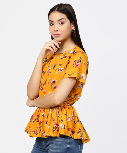 Yellow Printed Short Sleeve With A Gathered Peplum Style Top | LASVINI - Redefining Indian Fashion with Elegance