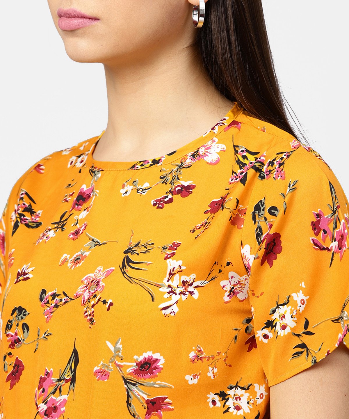 Yellow Printed Short Sleeve With A Gathered Peplum Style Top | LASVINI - Redefining Indian Fashion with Elegance