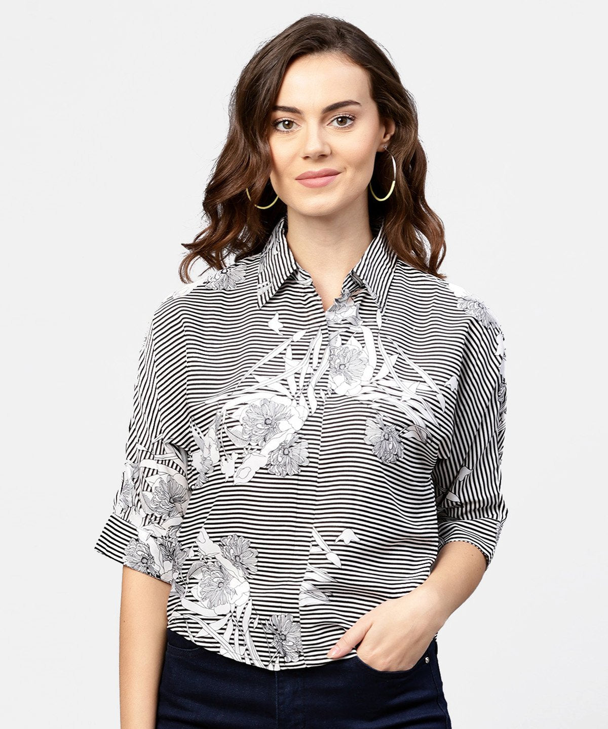 Black Printed Short Sleeve Top With Shirt Collor | LASVINI - Redefining Indian Fashion with Elegance