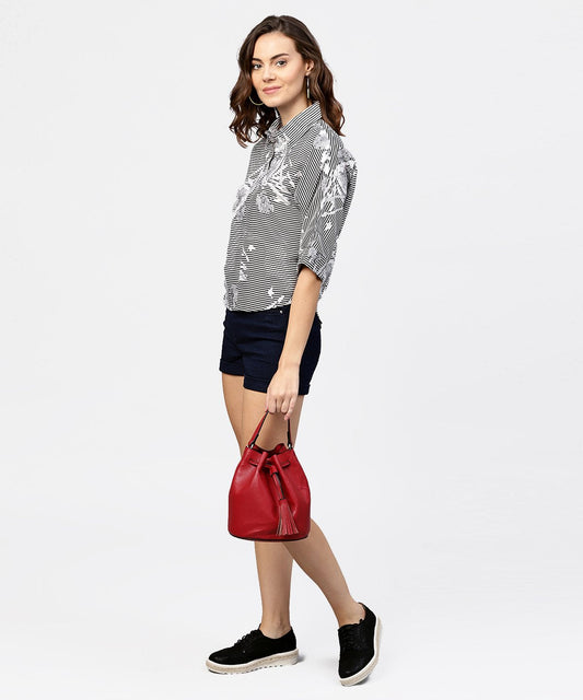 Black Printed Short Sleeve Top With Shirt Collor | LASVINI - Redefining Indian Fashion with Elegance