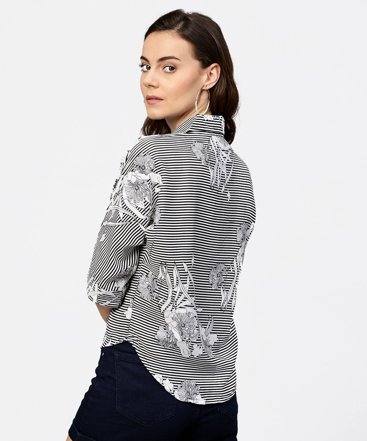 Black Printed Short Sleeve Top With Shirt Collor | LASVINI - Redefining Indian Fashion with Elegance