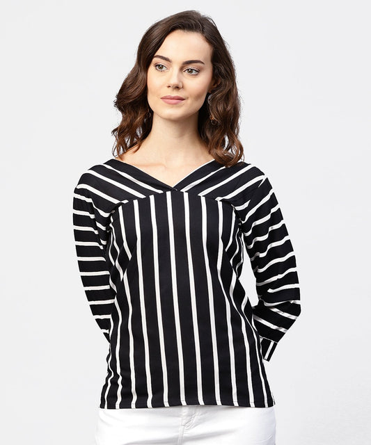 Black Striped 3/4Th Sleeve Shirt Style Top | LASVINI - Redefining Indian Fashion with Elegance