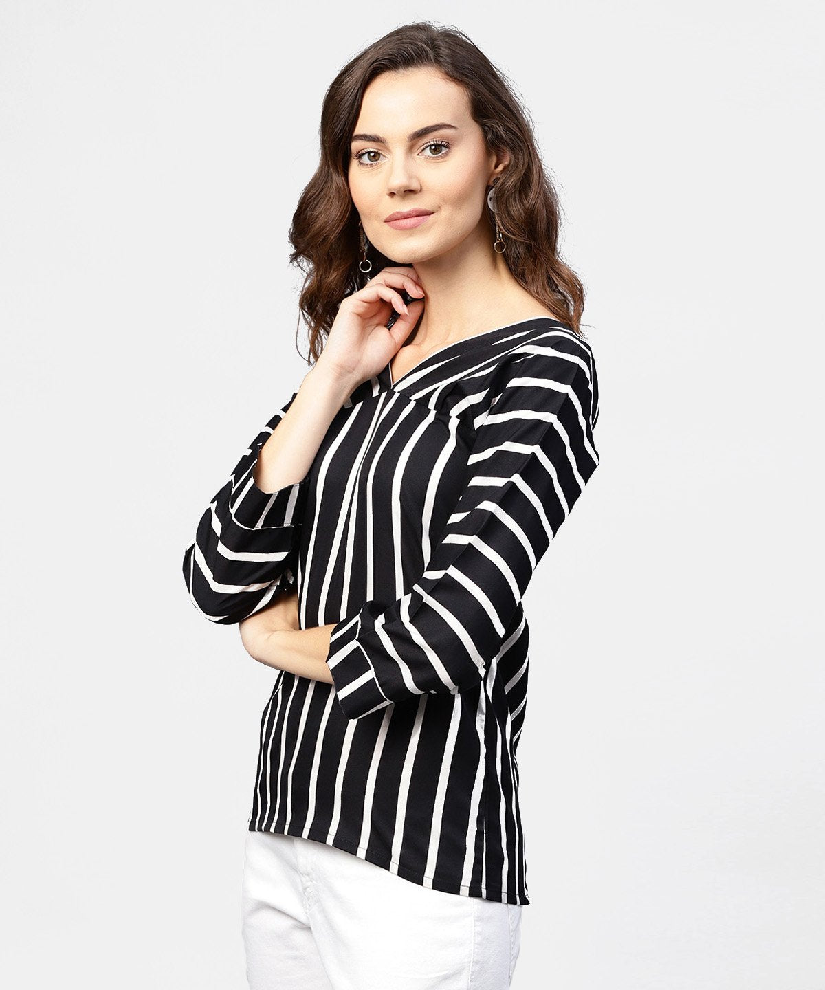 Black Striped 3/4Th Sleeve Shirt Style Top | LASVINI - Redefining Indian Fashion with Elegance