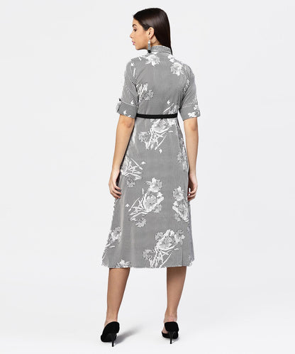 Black Striped Cuff Style Half Sleeve A-Line Open Placket Dress With Belt | LASVINI - Redefining Indian Fashion with Elegance