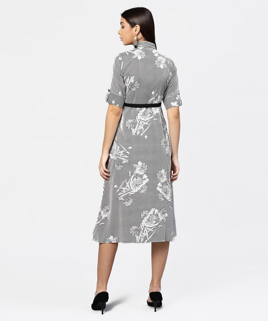 Black Striped Cuff Style Half Sleeve A-Line Open Placket Dress With Belt | LASVINI - Redefining Indian Fashion with Elegance