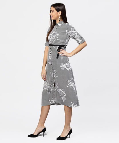 Black Striped Cuff Style Half Sleeve A-Line Open Placket Dress With Belt | LASVINI - Redefining Indian Fashion with Elegance