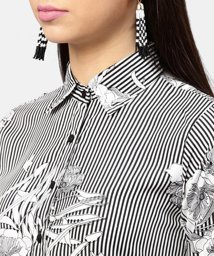 Black Striped Cuff Style Half Sleeve A-Line Open Placket Dress With Belt | LASVINI - Redefining Indian Fashion with Elegance