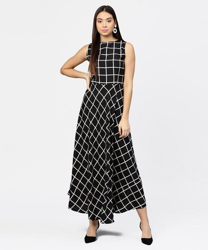 Black Check Sleeveless A-Line Maxi Dress With Slit On The Front | LASVINI - Redefining Indian Fashion with Elegance