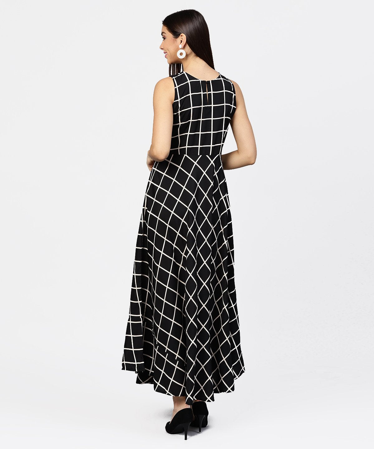 Black Check Sleeveless A-Line Maxi Dress With Slit On The Front | LASVINI - Redefining Indian Fashion with Elegance