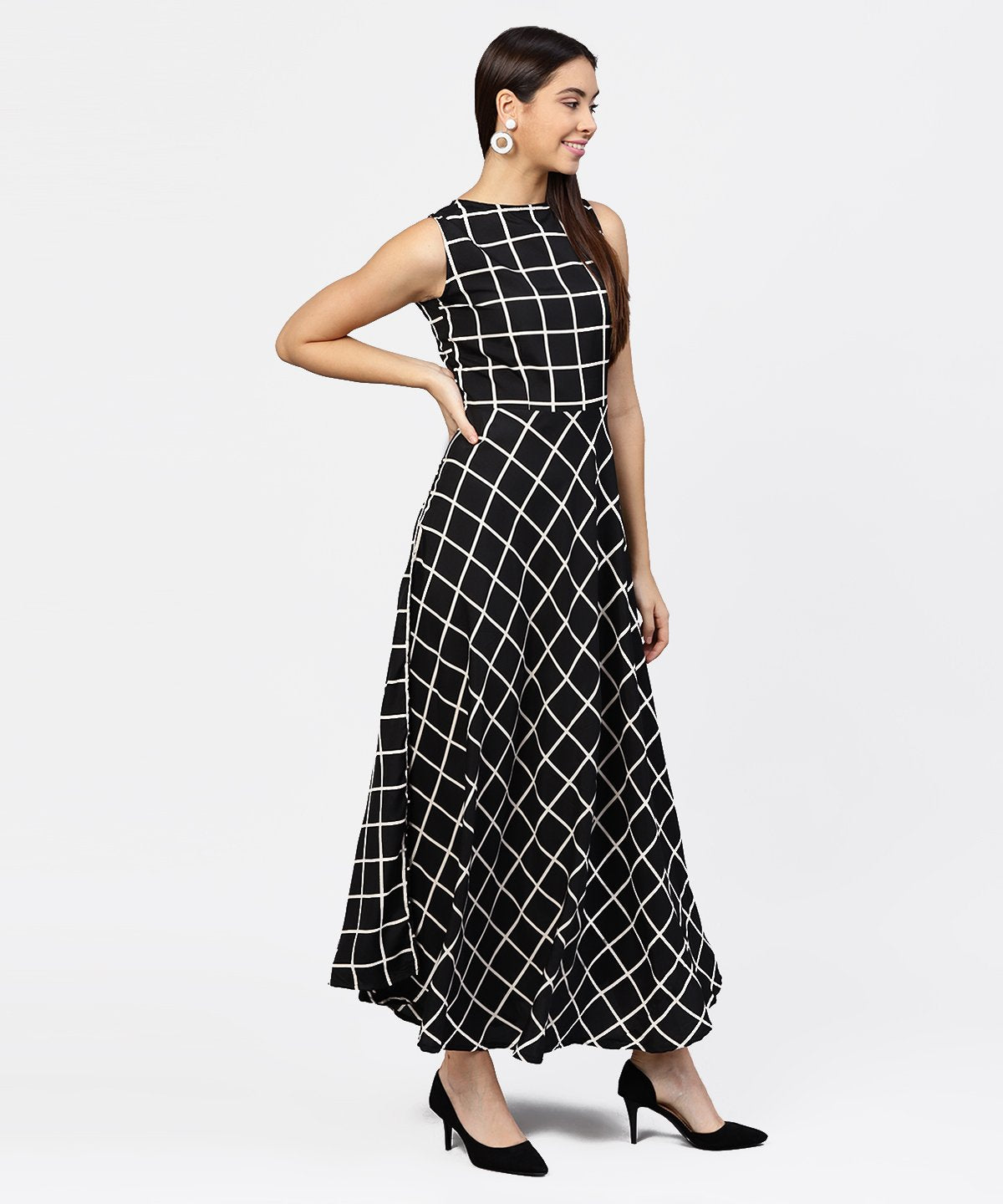 Black Check Sleeveless A-Line Maxi Dress With Slit On The Front | LASVINI - Redefining Indian Fashion with Elegance