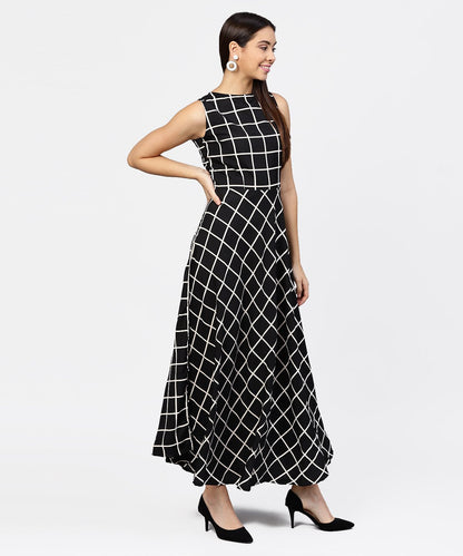 Black Check Sleeveless A-Line Maxi Dress With Slit On The Front | LASVINI - Redefining Indian Fashion with Elegance