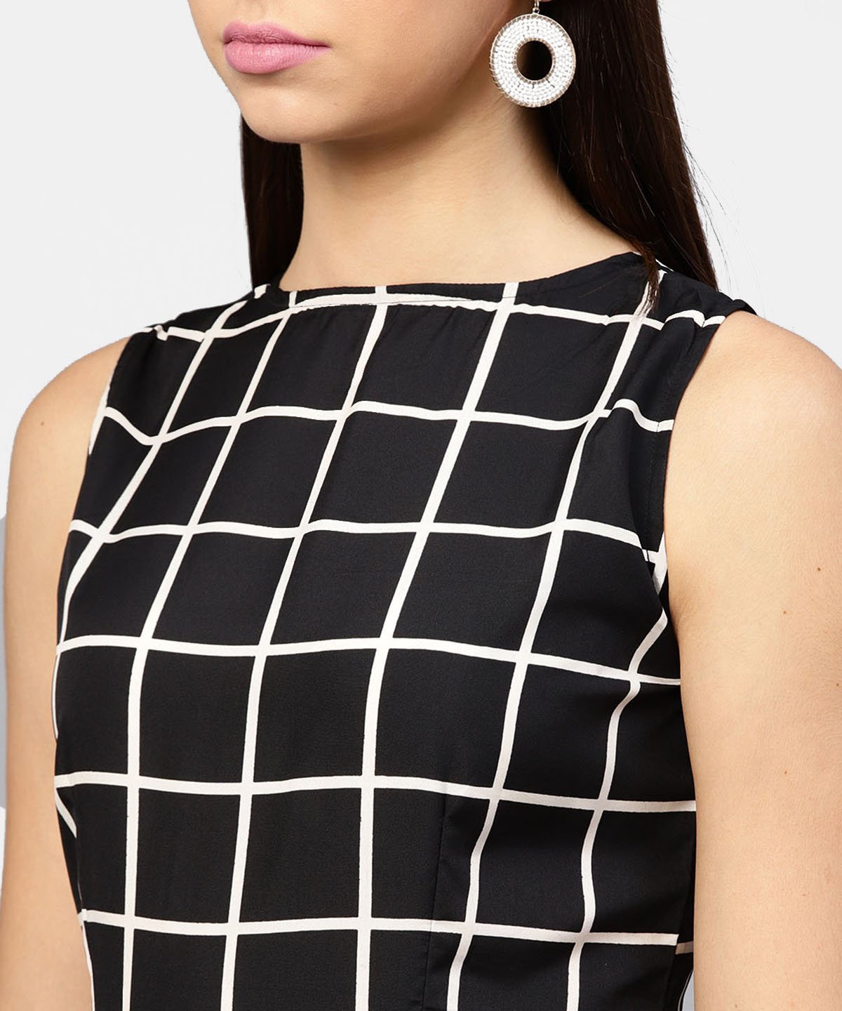 Black Check Sleeveless A-Line Maxi Dress With Slit On The Front | LASVINI - Redefining Indian Fashion with Elegance